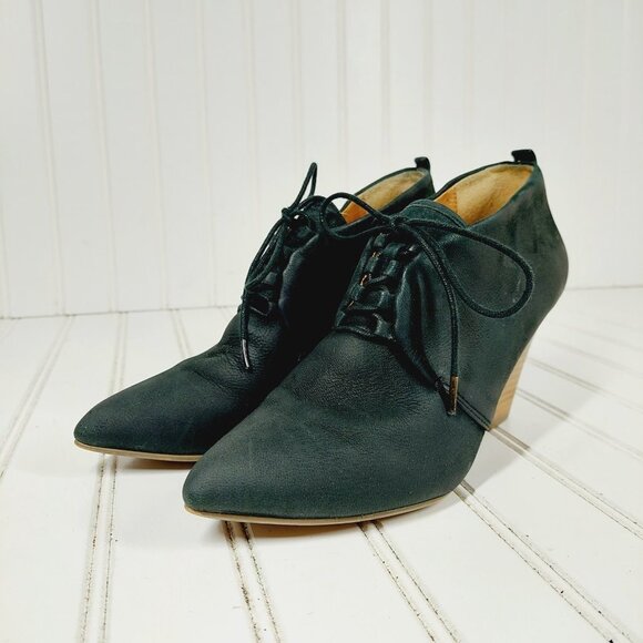 Nina Black Leather Pointed Toe Lace Up Wedge Ankle Boots I55 - Picture 2 of 13